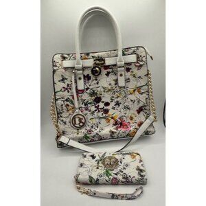 DASEIN White Floral Double Handle Satchel Shoulder Bag Purse & Wristlet Wallet